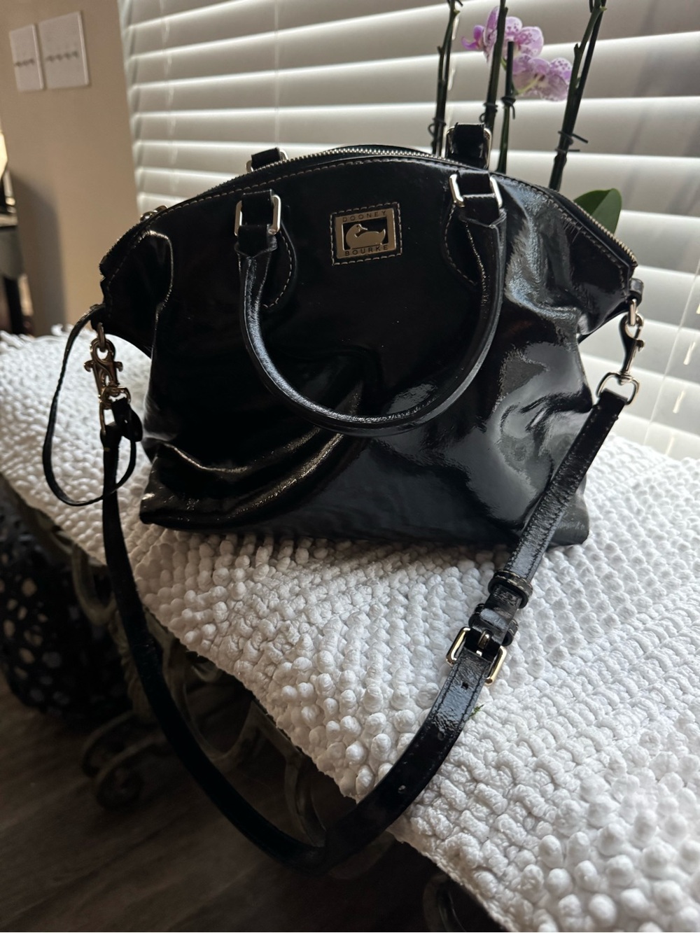 Dooney & Bourke Black Patent Leather Dome Satchel with Detachable Strap